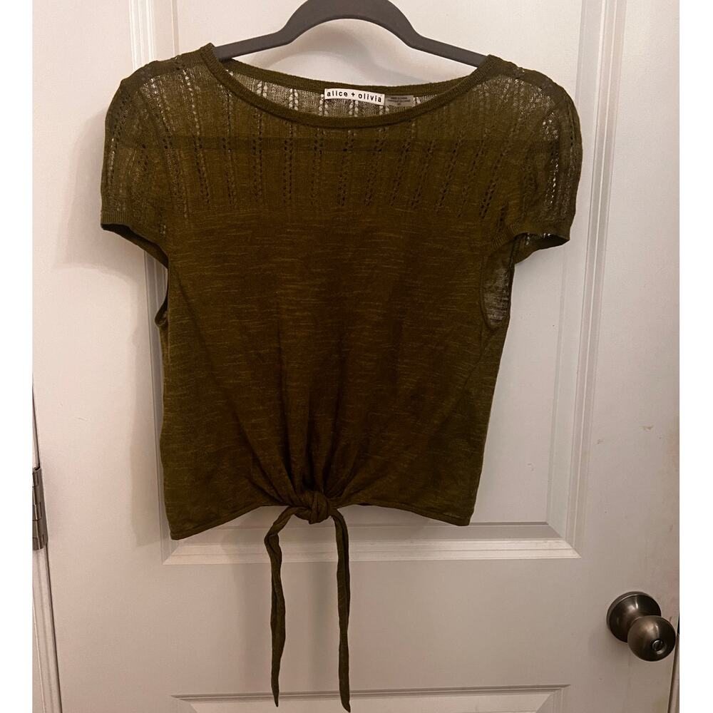 Alice + Olivia Green Linen Cotton Knit Tie Front Sheer Top Boho Chic Dainty
